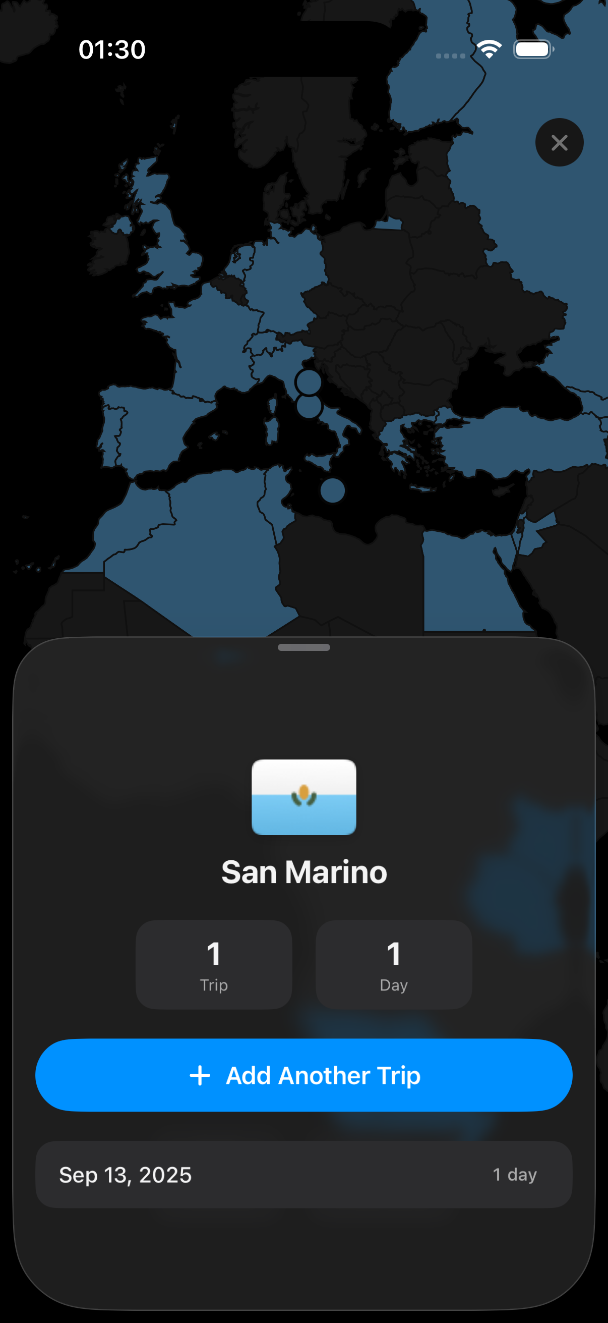 AtlasDays map view showing visited countries and a country detail sheet